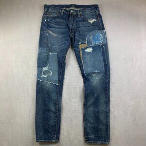 Ralph Lauren Polo Mens 33 Blue Distressed Jeans Sullivan Slim Patchwork 33x32